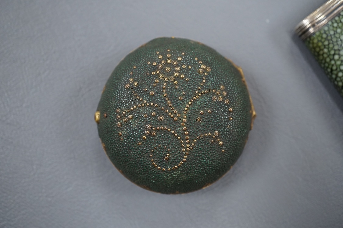 An early 19th century shagreen cased draughtsman’s set, containing three of the original instruments, together with an outside brass pair case for an early to mid 18th century pocket watch